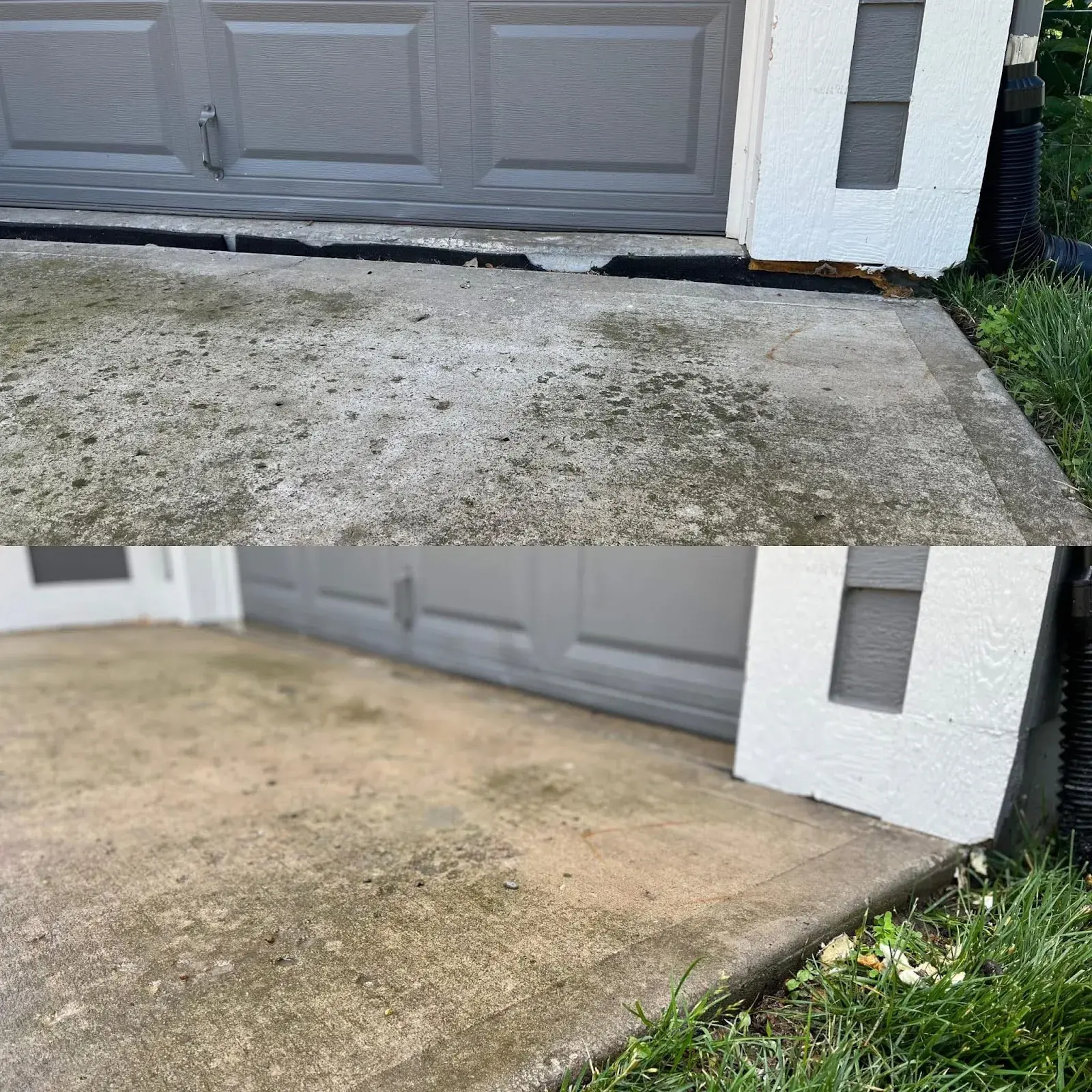 Before and after: garage apron crack sealed and slab releveled at the garage door threshold