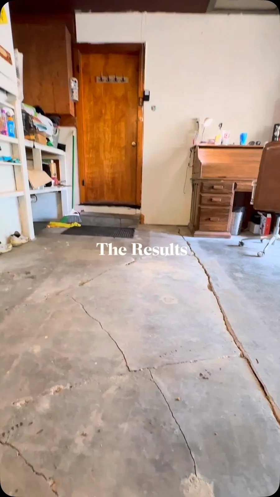 Garage floor after repair using chemical grout, following a garage collapse with no rebar present